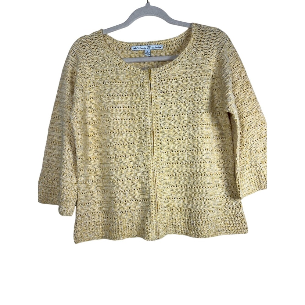 NWT David Brooks Yellow Open Crochet Knit Full Zip Cardigan Sweater Large